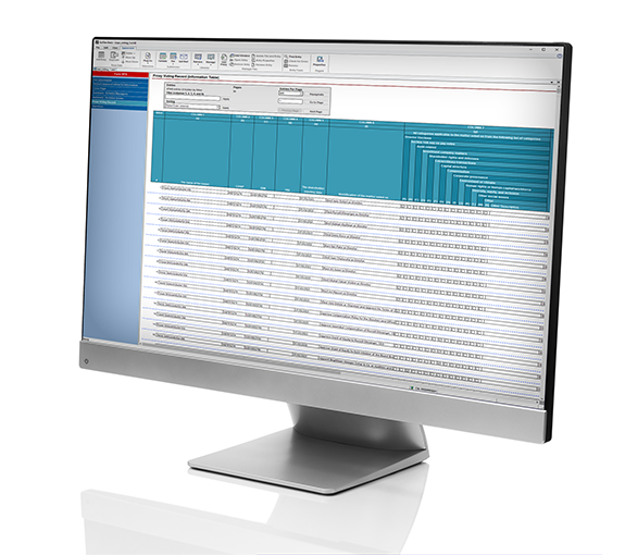 A computer monitor displaying the proxy voting record portion of Form N-PX inside the GoFiler Form N-PX View editor