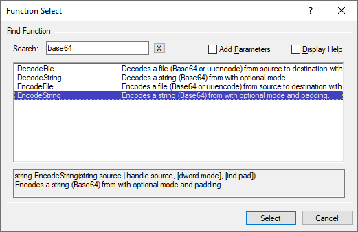 Function Select dialog showing the search