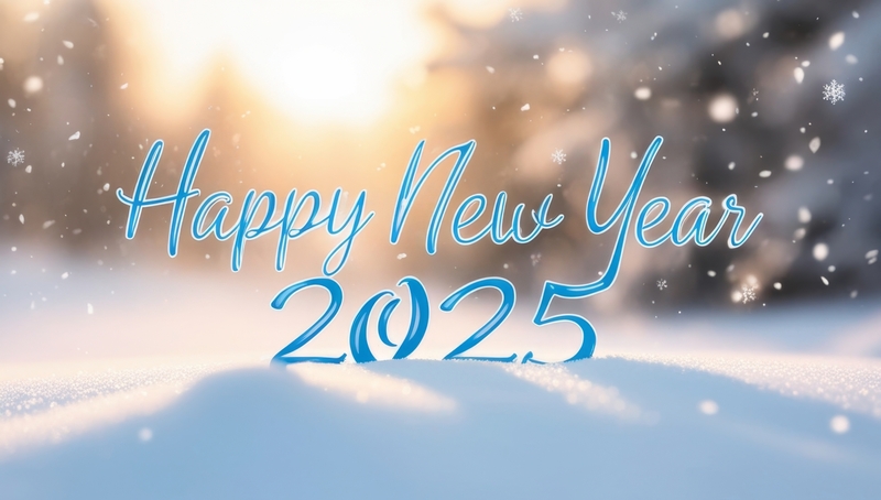 Text Happy New Year 2025 written in blue over a snow-covered landscape with snowfall, celebrating the arrival of the new year.