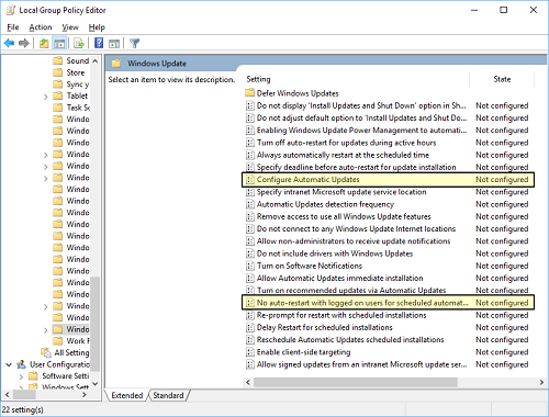 A screenshot of the Windows Update options with the two settings to control automatic restarts highlighted